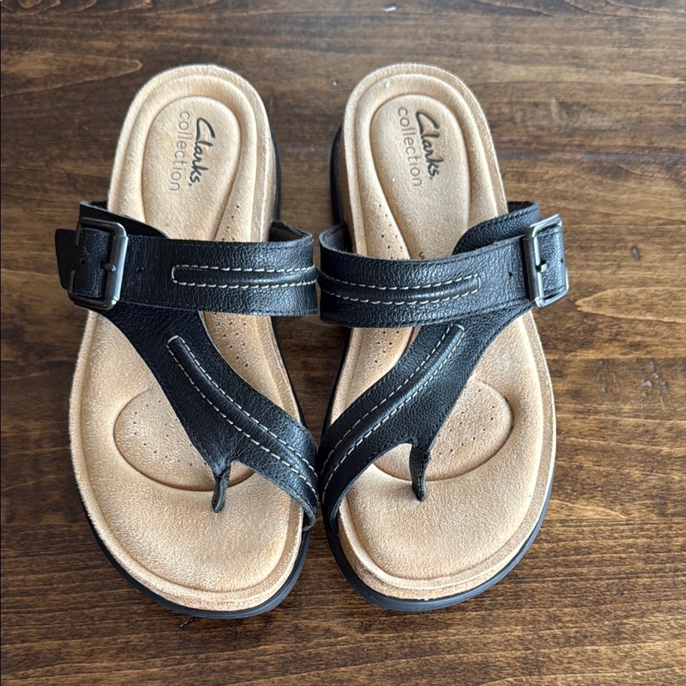 Clarks Women's Brynn Madi Black Leather Strap Flat Sandal Size 8